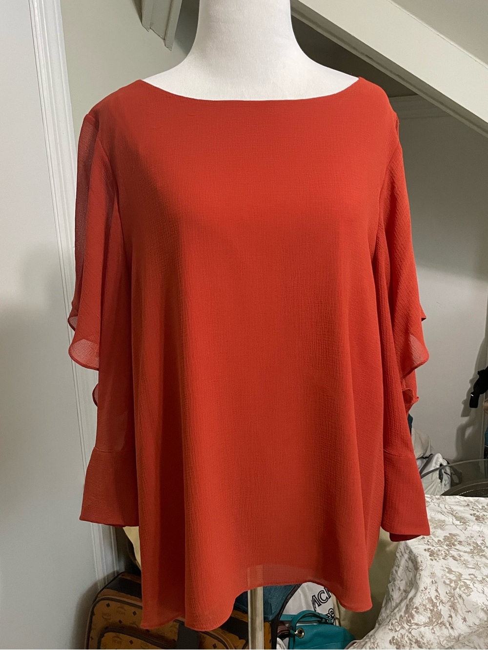 Halston- Women's Burnt Orange Flutter Sleeve blouse